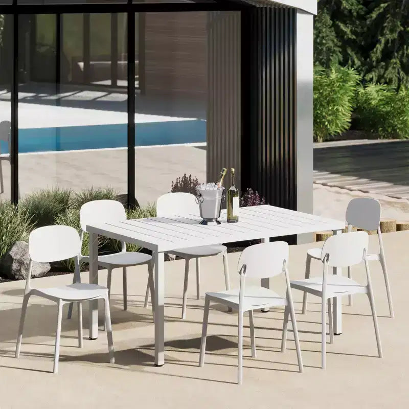 WestinTrends Playa 7-Piece Outdoor Rectangular Metal Patio Dining Table Set With Mid-Century Modern Stackable Patio Side Chairs