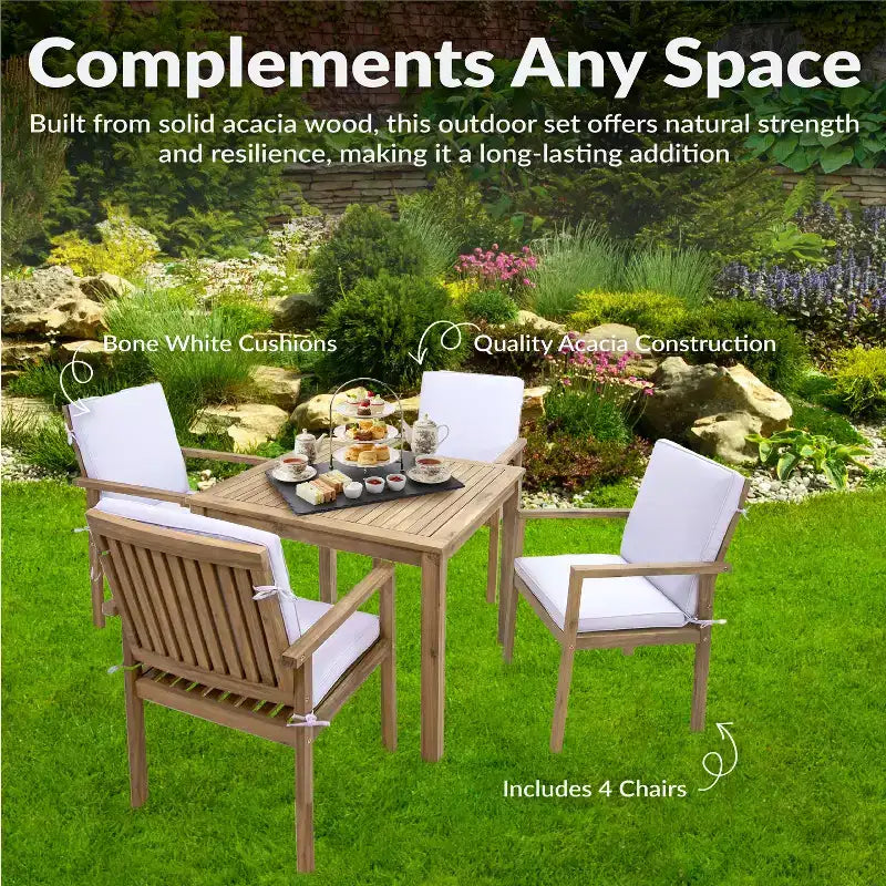 Ensemble repas d'extérieur Sunnydaze Rodanthe en bois d'acacia avec table et fauteuils - 5 pièces - Naturel/Blanc cassé