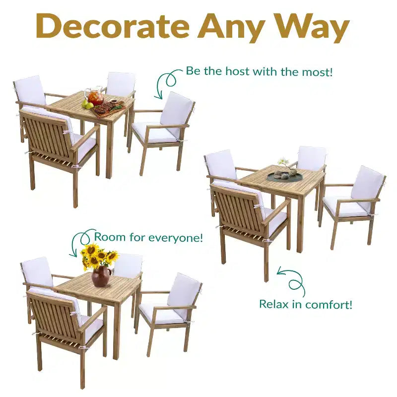 Ensemble repas d'extérieur Sunnydaze Rodanthe en bois d'acacia avec table et fauteuils - 5 pièces - Naturel/Blanc cassé
