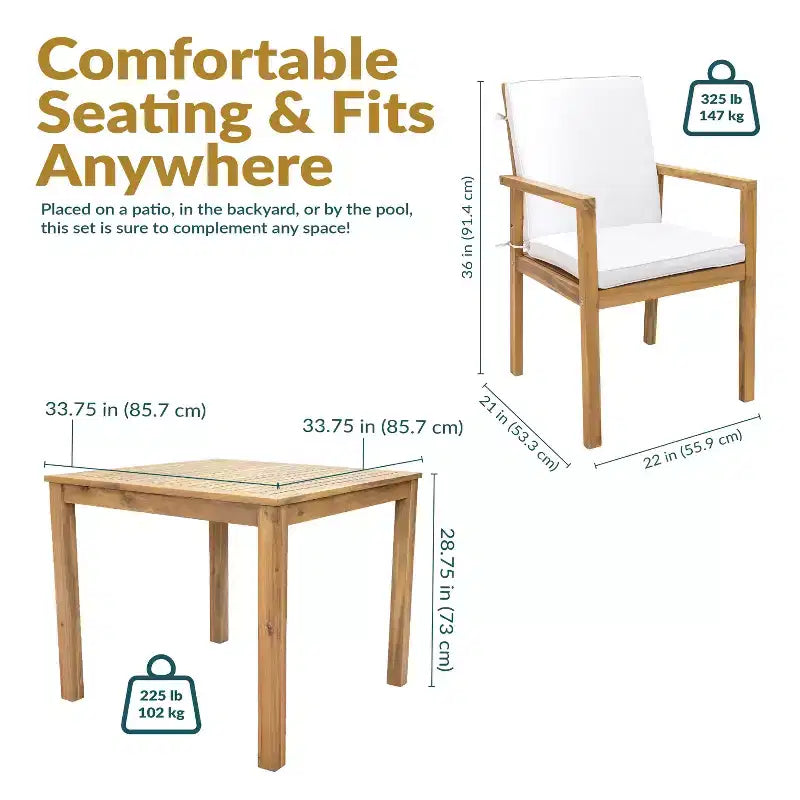 Ensemble repas d'extérieur Sunnydaze Rodanthe en bois d'acacia avec table et fauteuils - 5 pièces - Naturel/Blanc cassé