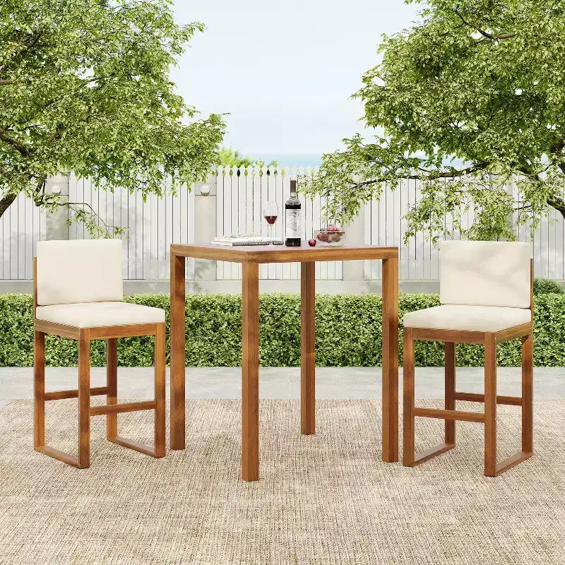 Christopher Knight Home Goleta 3 Piece Outdoor Acacia Wood Bar Set with Water-Resistant Cushions