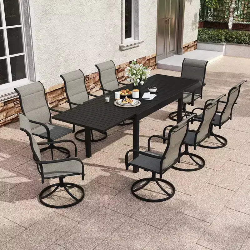 Ensemble repas de jardin 9 pièces CLIHOME, table extensible et chaises pivotantes à 360°