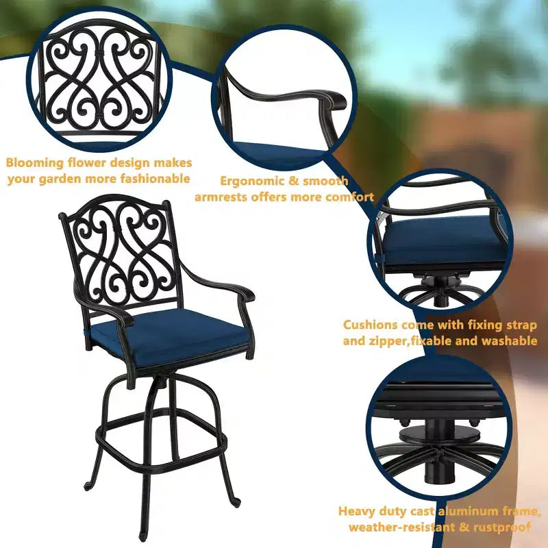 CLIHOME 3-Piece Cast Aluminum Bar Height Patio Set with Sofa Cushions