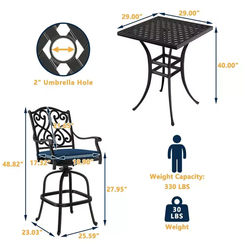 CLIHOME 3-Piece Cast Aluminum Bar Height Patio Set with Sofa Cushions