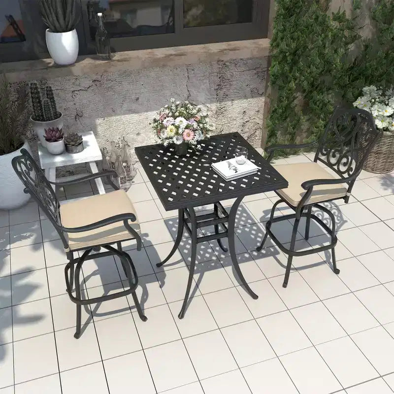 CLIHOME 3-Piece Cast Aluminum Bar Height Patio Set with Sofa Cushions
