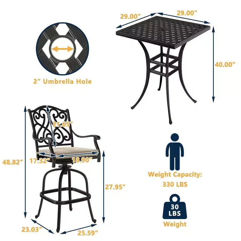CLIHOME 3-Piece Cast Aluminum Bar Height Patio Set with Sofa Cushions