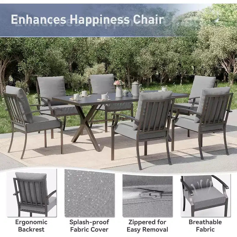 ALAULM 7 Piece Patio Dining Set Outdoor Furniture, Metal Patio Furniture Set 6 Fixed Chairs and Large Table