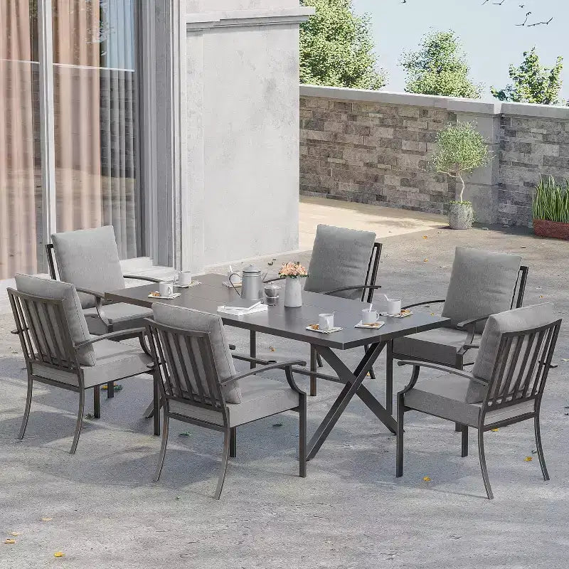 ALAULM 7 Piece Patio Dining Set Outdoor Furniture, Metal Patio Furniture Set 6 Fixed Chairs and Large Table