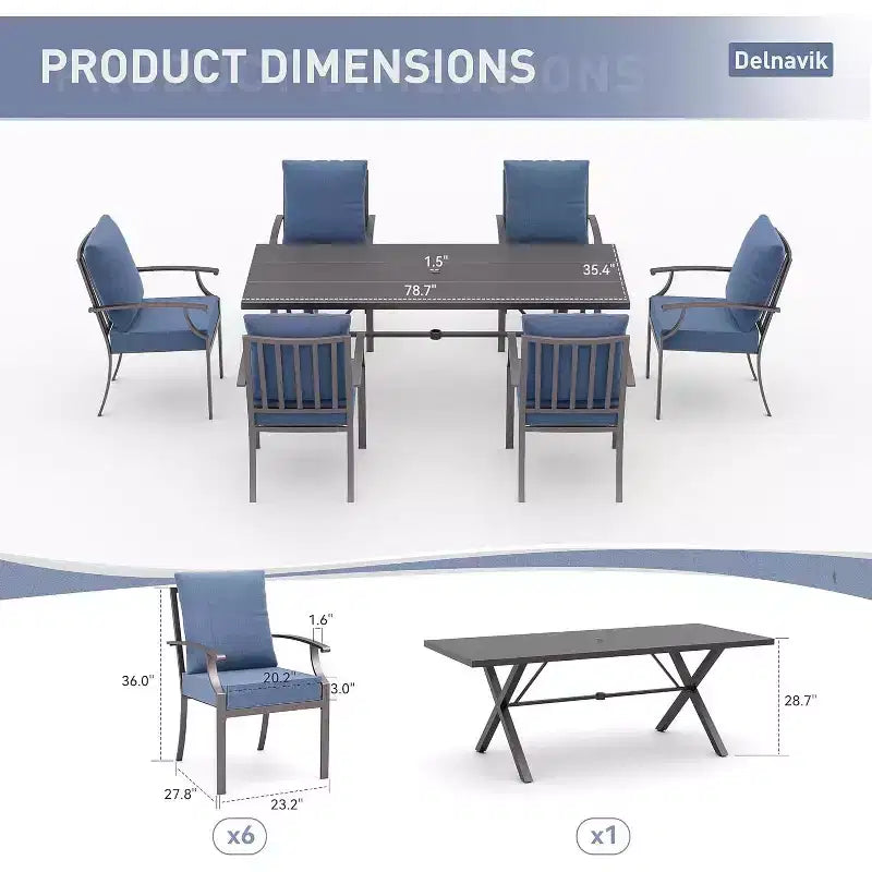 ALAULM 7 Piece Patio Dining Set Outdoor Furniture, Metal Patio Furniture Set 6 Fixed Chairs and Large Table