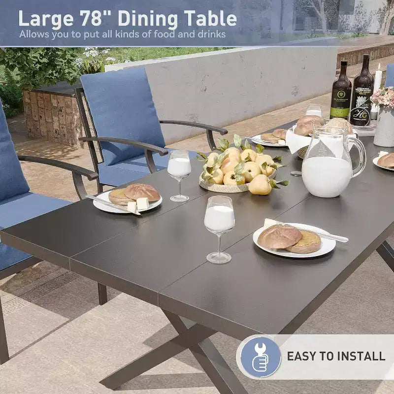 ALAULM 7 Piece Patio Dining Set Outdoor Furniture, Metal Patio Furniture Set 6 Fixed Chairs and Large Table