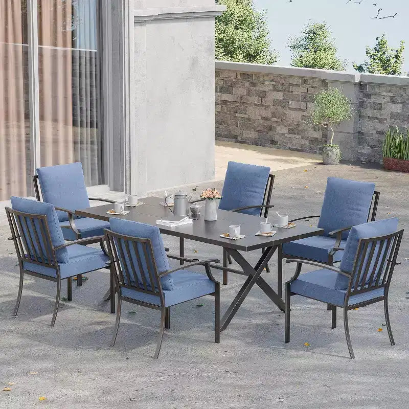 ALAULM 7 Piece Patio Dining Set Outdoor Furniture, Metal Patio Furniture Set 6 Fixed Chairs and Large Table