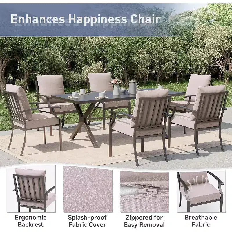 ALAULM 7 Piece Patio Dining Set Outdoor Furniture, Metal Patio Furniture Set 6 Fixed Chairs and Large Table