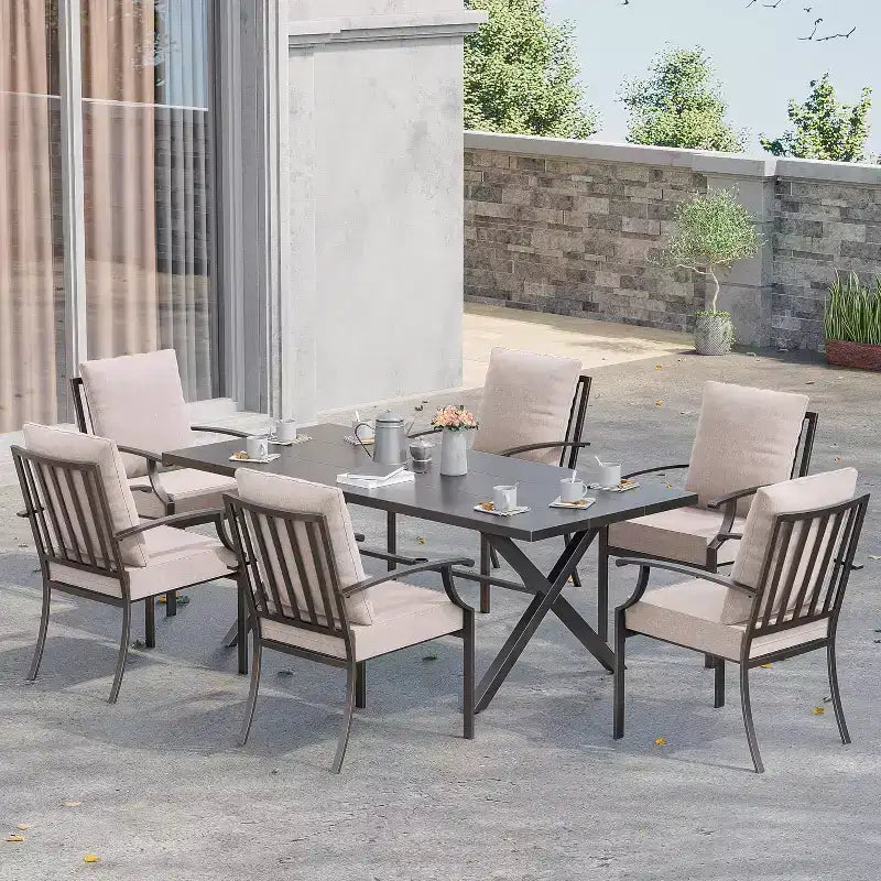 ALAULM 7 Piece Patio Dining Set Outdoor Furniture, Metal Patio Furniture Set 6 Fixed Chairs and Large Table