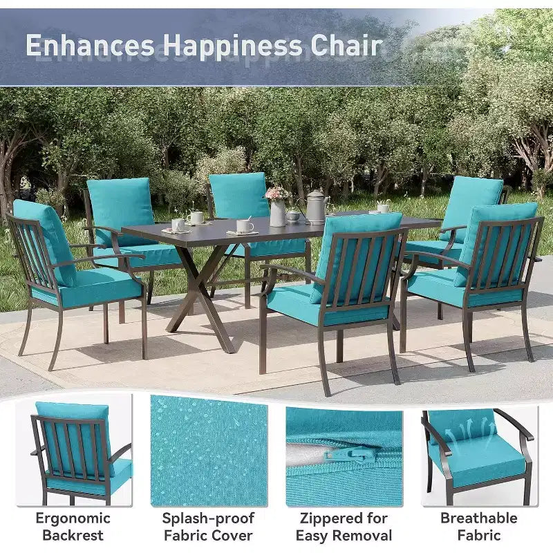 ALAULM 7 Piece Patio Dining Set Outdoor Furniture, Metal Patio Furniture Set 6 Fixed Chairs and Large Table