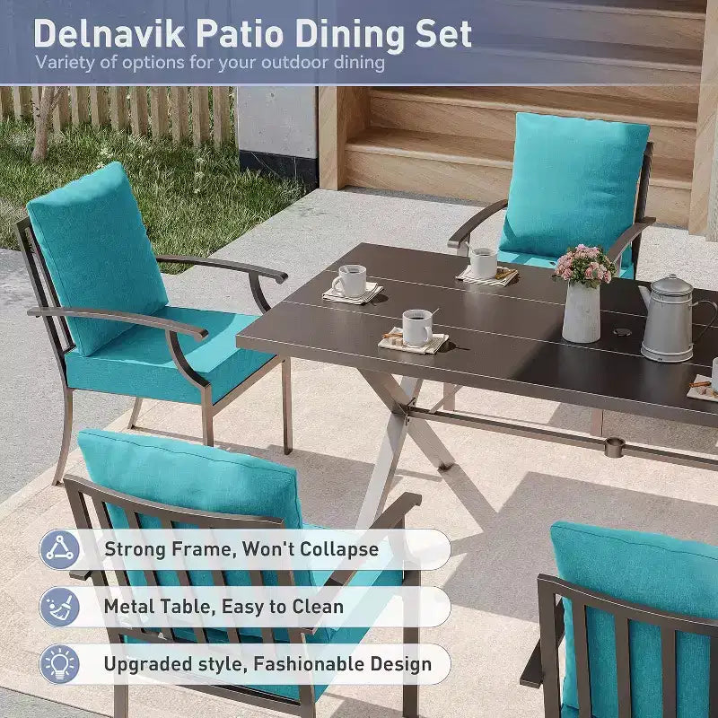 ALAULM 7 Piece Patio Dining Set Outdoor Furniture, Metal Patio Furniture Set 6 Fixed Chairs and Large Table