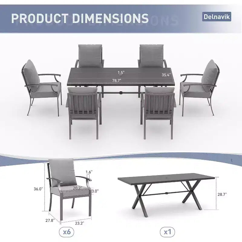 ALAULM 7 Piece Patio Dining Set Outdoor Furniture, Metal Patio Furniture Set 6 Fixed Chairs and Large Table