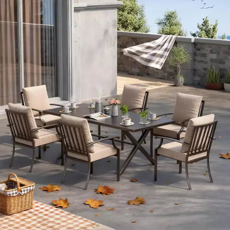 ALAULM 7 Piece Patio Dining Set Outdoor Furniture, Metal Patio Furniture Set 6 Fixed Chairs and Large Table