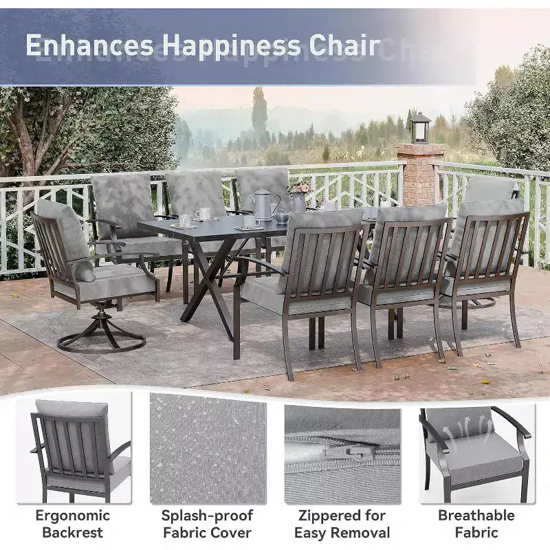 ALAULM 9 Pieces Patio Dining Set Outdoor Furniture with 2 Swivel Chairs and 6 Fixed Chairs, Large Table