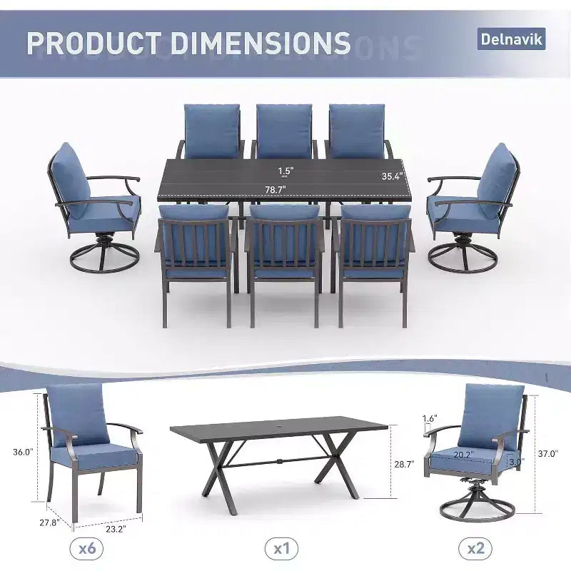 ALAULM 9 Pieces Patio Dining Set Outdoor Furniture with 2 Swivel Chairs and 6 Fixed Chairs, Large Table