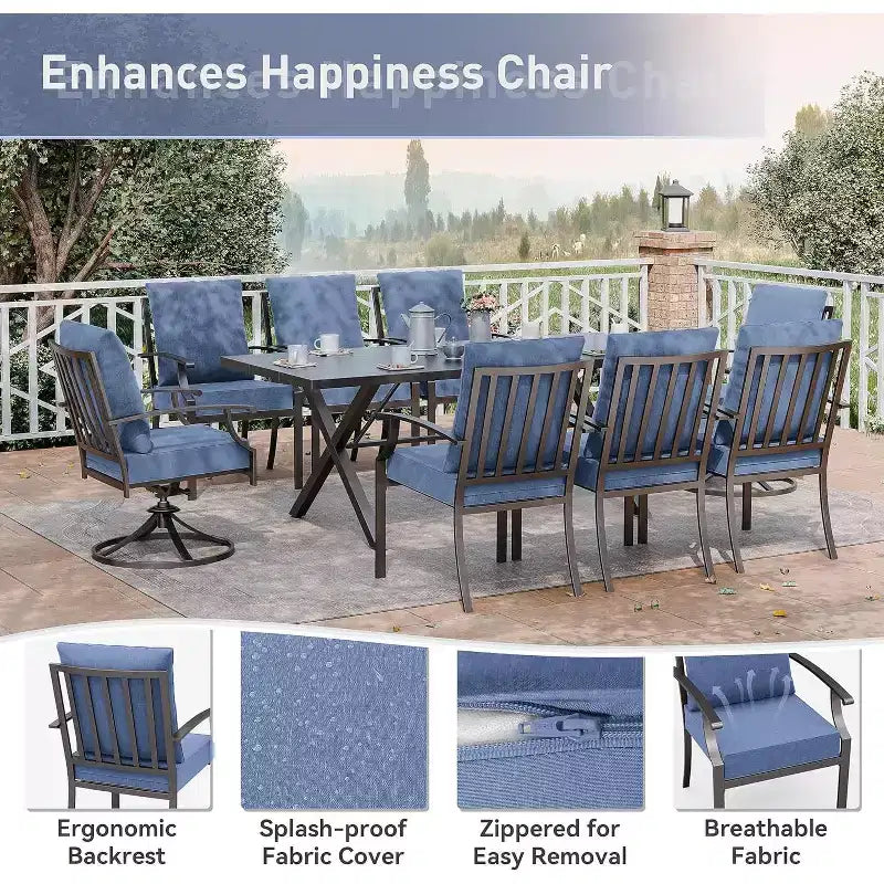 ALAULM 9 Pieces Patio Dining Set Outdoor Furniture with 2 Swivel Chairs and 6 Fixed Chairs, Large Table