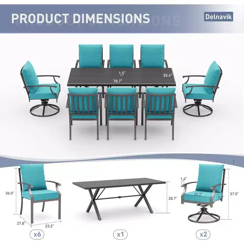 ALAULM 9 Pieces Patio Dining Set Outdoor Furniture with 2 Swivel Chairs and 6 Fixed Chairs, Large Table
