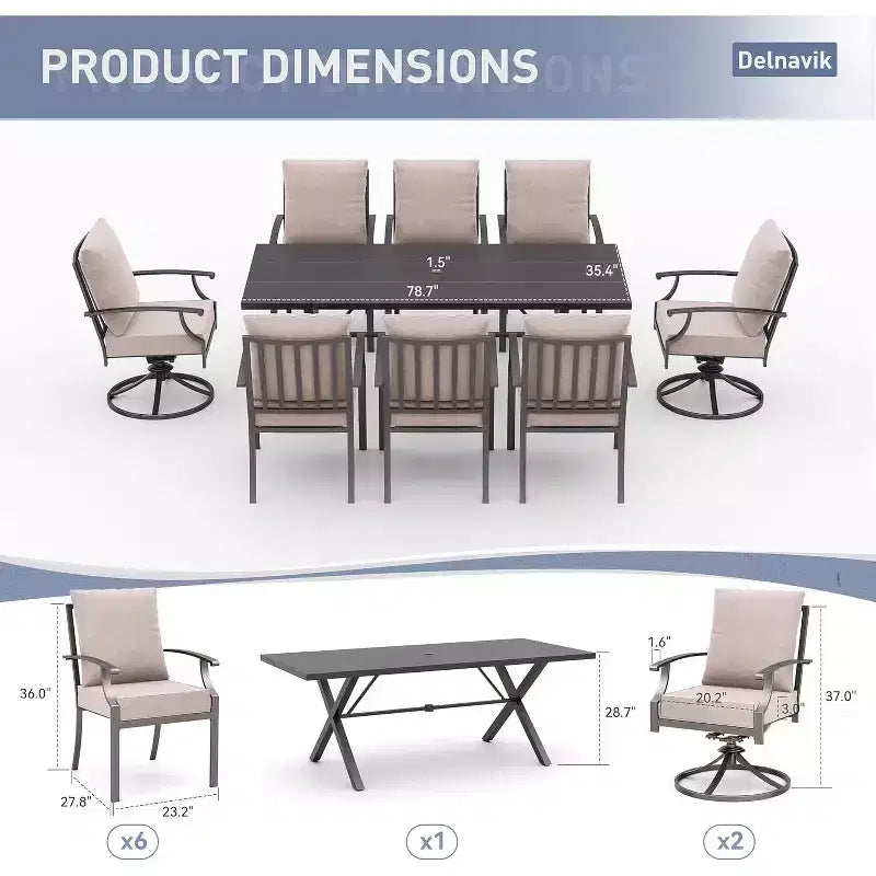 ALAULM 9 Pieces Patio Dining Set Outdoor Furniture with 2 Swivel Chairs and 6 Fixed Chairs, Large Table