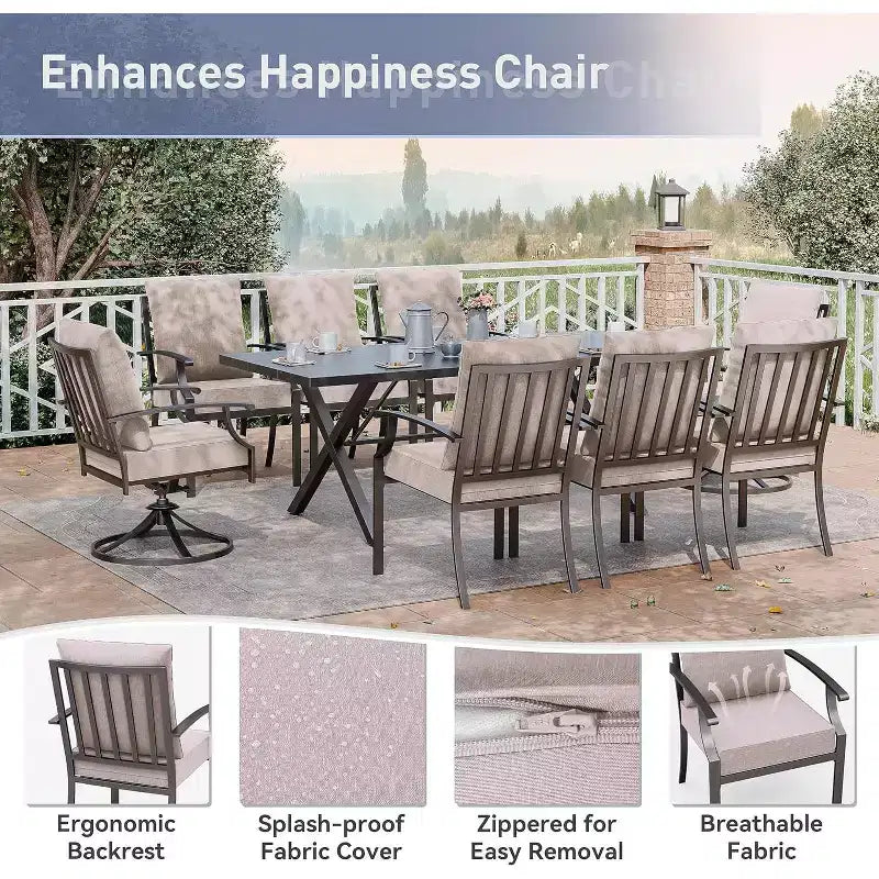 ALAULM 9 Pieces Patio Dining Set Outdoor Furniture with 2 Swivel Chairs and 6 Fixed Chairs, Large Table