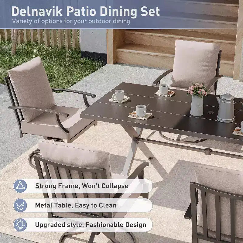 ALAULM 9 Pieces Patio Dining Set Outdoor Furniture with 2 Swivel Chairs and 6 Fixed Chairs, Large Table