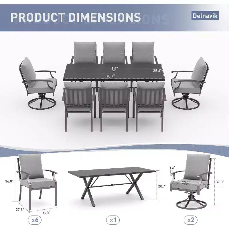 ALAULM 9 Pieces Patio Dining Set Outdoor Furniture with 2 Swivel Chairs and 6 Fixed Chairs, Large Table