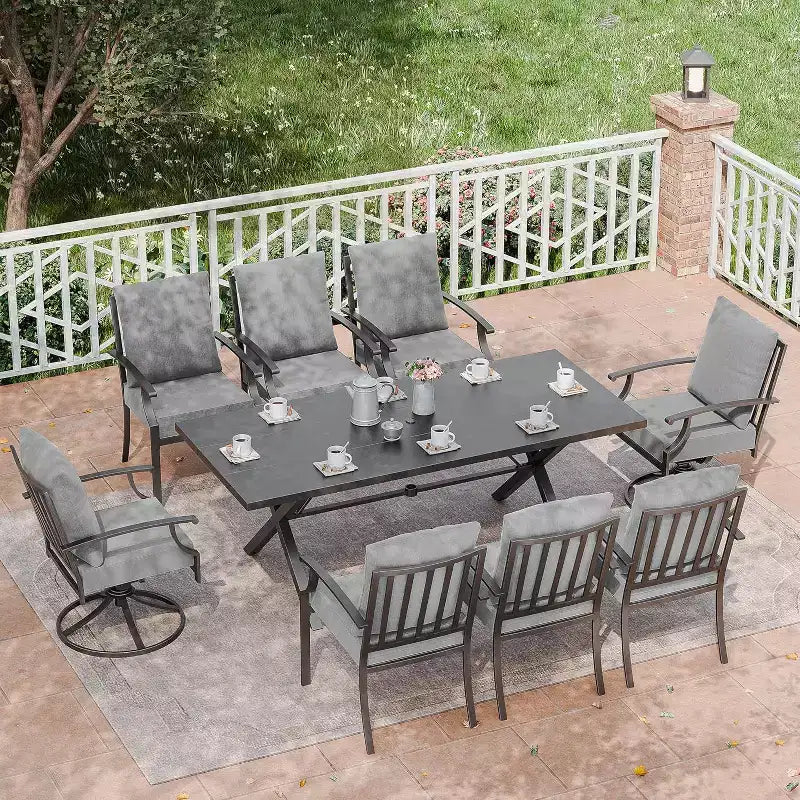 ALAULM 9 Pieces Patio Dining Set Outdoor Furniture with 2 Swivel Chairs and 6 Fixed Chairs, Large Table