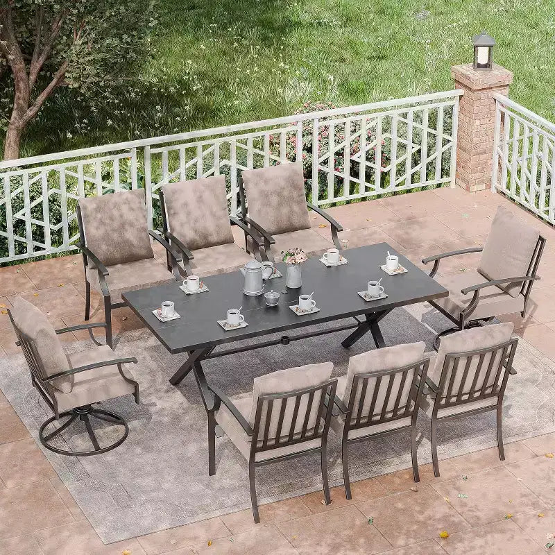 ALAULM 9 Pieces Patio Dining Set Outdoor Furniture with 2 Swivel Chairs and 6 Fixed Chairs, Large Table