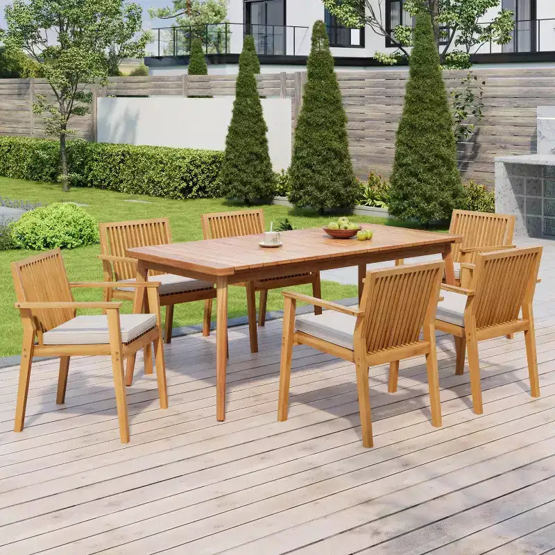 Christopher Knight Home Ahri Farmhouse 7 Piece Patio Acacia Wood Dining Set with Cushions