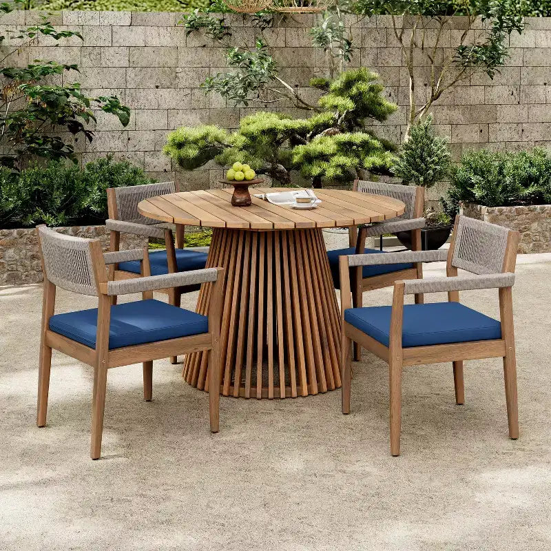 Christopher Knight Home Sivir Modern Coastal 5 Piece Patio Acacia Wood Dining Set with Cushions