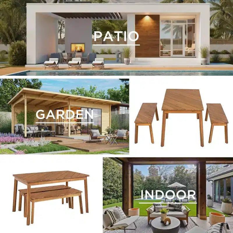 MAYEERTY Dining Set 3 Piece Acacia Table 2 Benches Indoor Outdoor Natural for Patio Garden