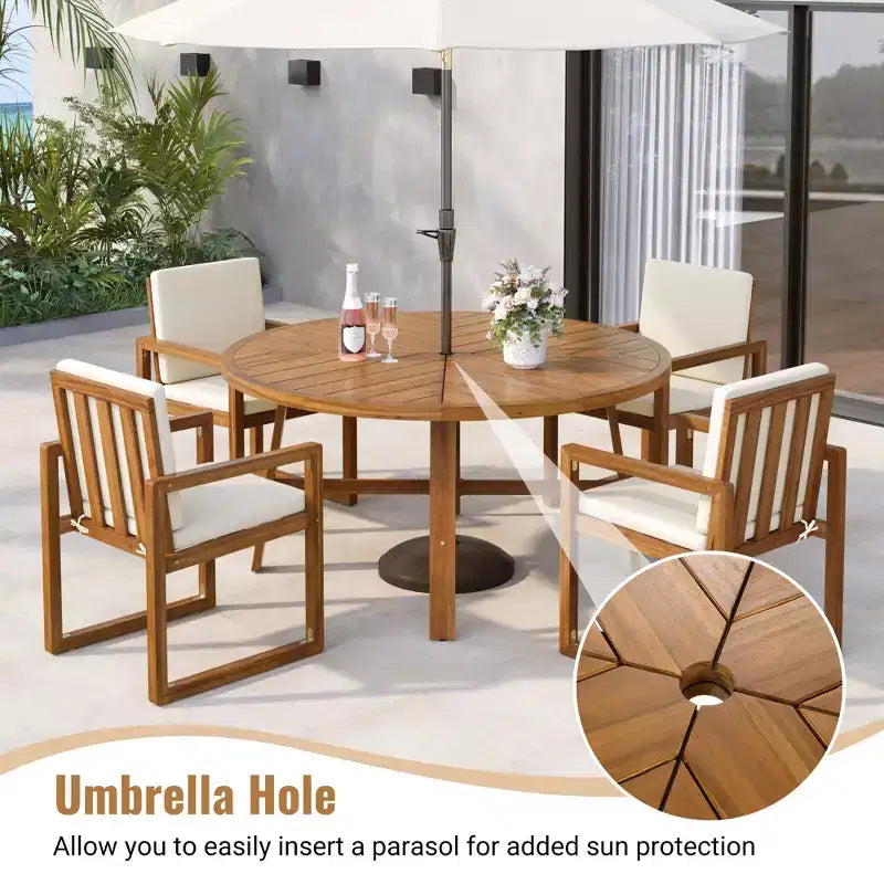 ModernLuxe 5-Piece Outdoor Dining Set Patio Furniture Set with 4 Armchairs & 1 Table for Garden Balcony Backyard, Acacia Wood Frame, Beige+Natural
