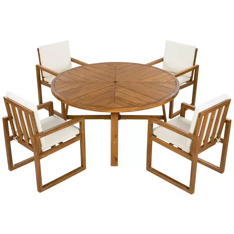 ModernLuxe 5-Piece Outdoor Dining Set Patio Furniture Set with 4 Armchairs & 1 Table for Garden Balcony Backyard, Acacia Wood Frame, Beige+Natural