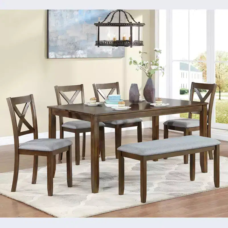 MAYEERTY 7-piece Dining Set - Rectangular Wood Table & 6 Upholstered Chairs for Family Gatherings