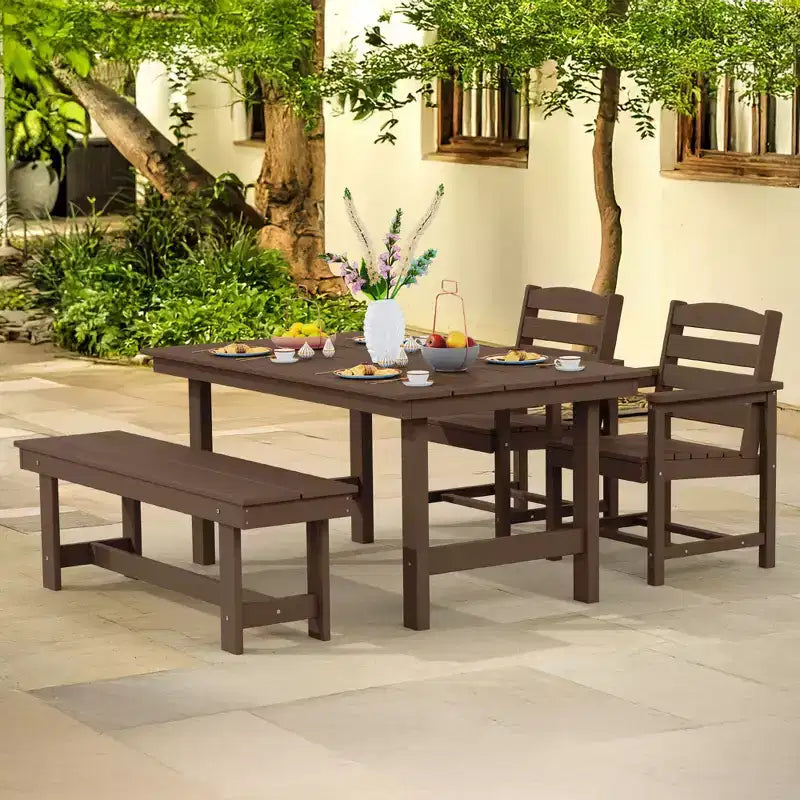 Hyleory Recycled HDPE 4pc Patio Dining Set - Rectangular Table & Umbrella Hole,Patio Dining Bench,2 Patio Armchairs