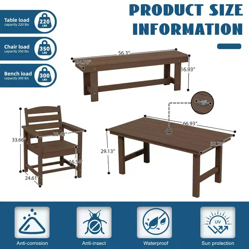 Hyleory Recycled HDPE 4pc Patio Dining Set - Rectangular Table & Umbrella Hole,Patio Dining Bench,2 Patio Armchairs