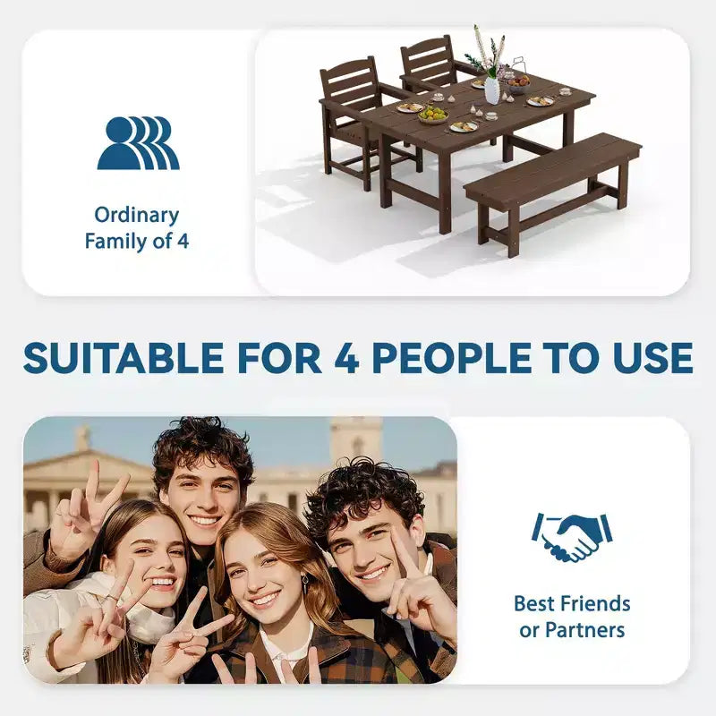 Hyleory Recycled HDPE 4pc Patio Dining Set - Rectangular Table & Umbrella Hole,Patio Dining Bench,2 Patio Armchairs