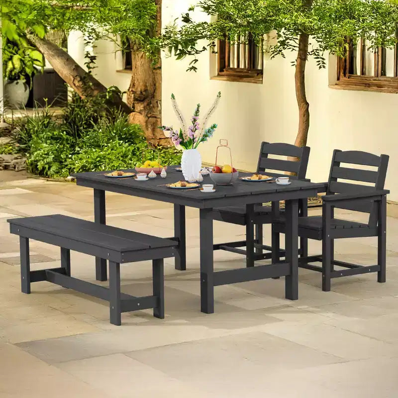 Hyleory Recycled HDPE 4pc Patio Dining Set - Rectangular Table & Umbrella Hole,Patio Dining Bench,2 Patio Armchairs