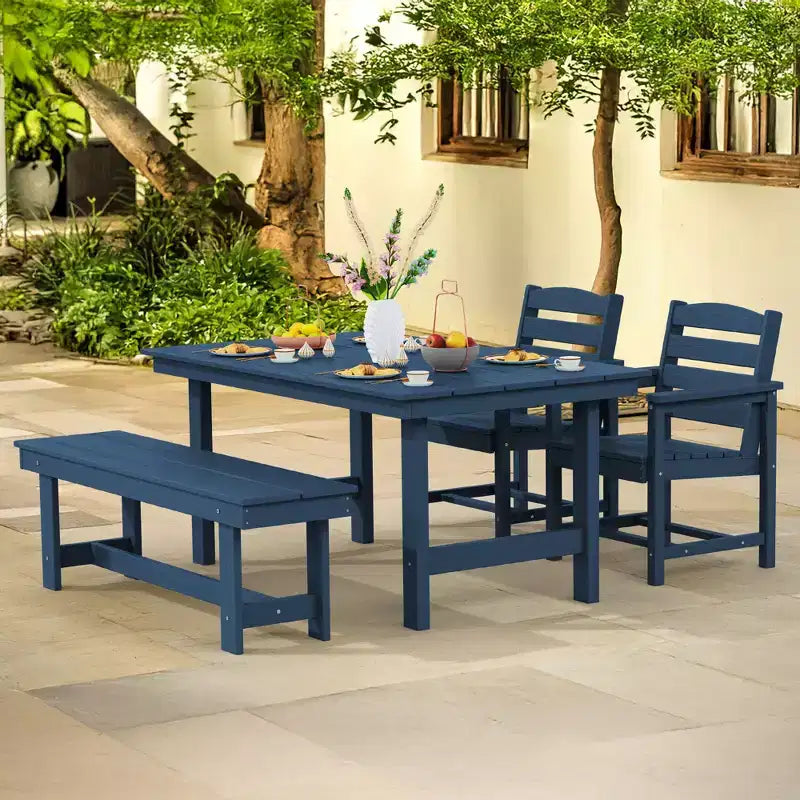 Hyleory Recycled HDPE 4pc Patio Dining Set - Rectangular Table & Umbrella Hole,Patio Dining Bench,2 Patio Armchairs