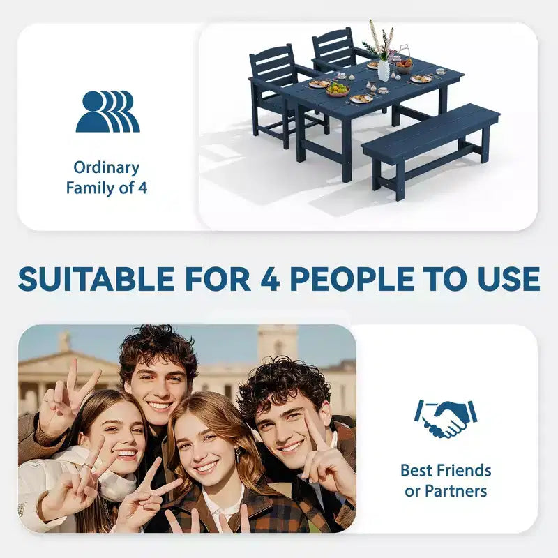 Hyleory Recycled HDPE 4pc Patio Dining Set - Rectangular Table & Umbrella Hole,Patio Dining Bench,2 Patio Armchairs