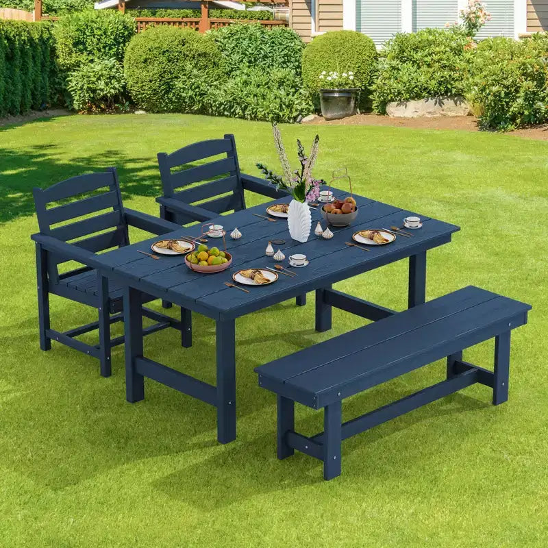 Hyleory Recycled HDPE 4pc Patio Dining Set - Rectangular Table & Umbrella Hole,Patio Dining Bench,2 Patio Armchairs
