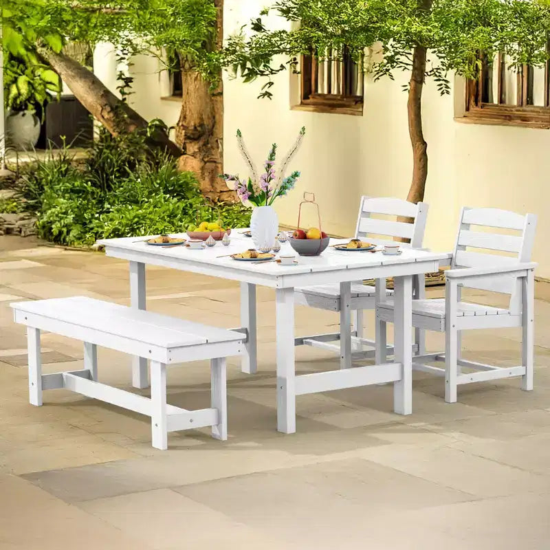 Hyleory Recycled HDPE 4pc Patio Dining Set - Rectangular Table & Umbrella Hole,Patio Dining Bench,2 Patio Armchairs