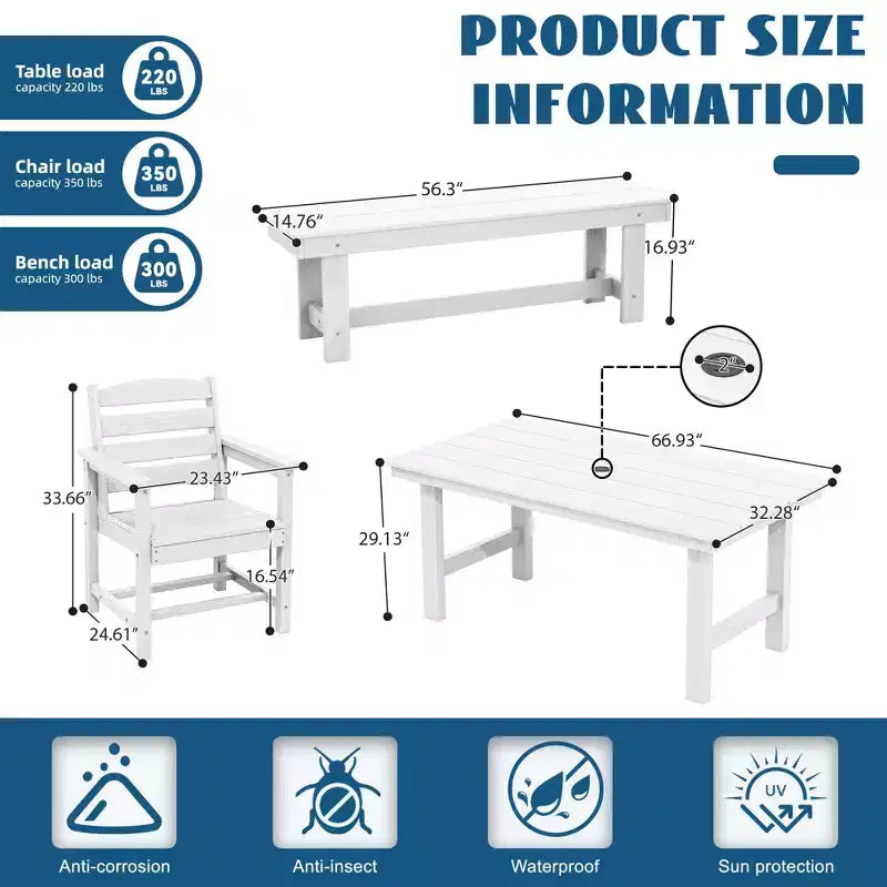 Hyleory Recycled HDPE 4pc Patio Dining Set - Rectangular Table & Umbrella Hole,Patio Dining Bench,2 Patio Armchairs