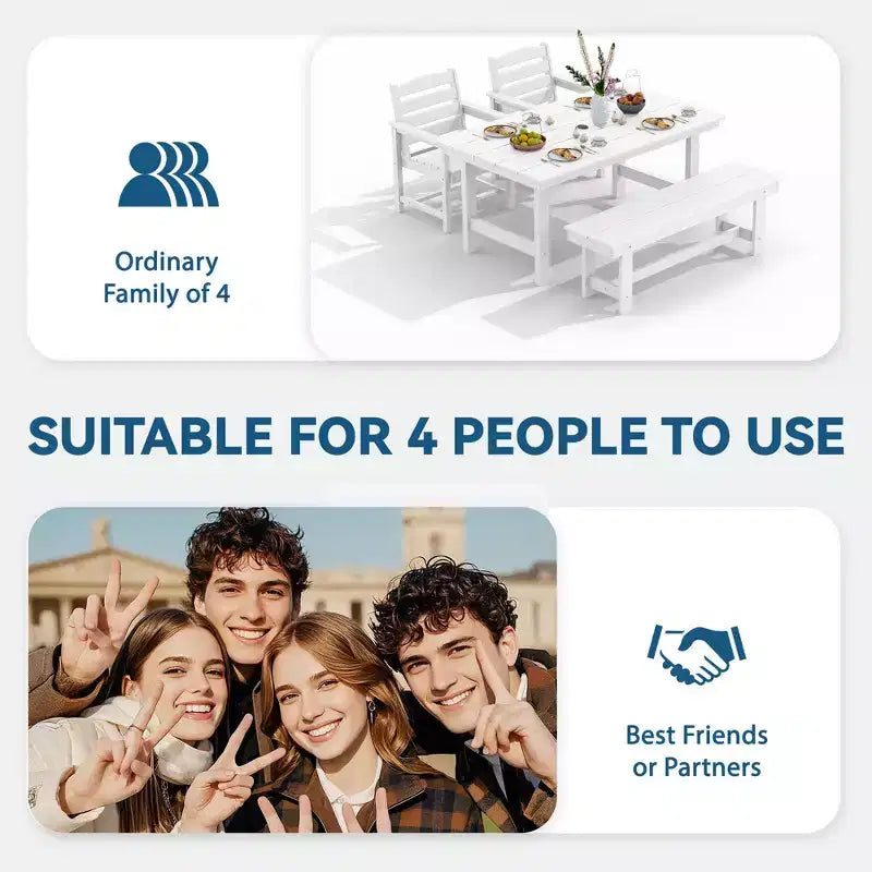 Hyleory Recycled HDPE 4pc Patio Dining Set - Rectangular Table & Umbrella Hole,Patio Dining Bench,2 Patio Armchairs