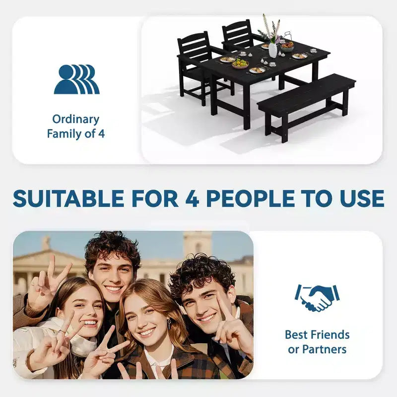 Hyleory Recycled HDPE 4pc Patio Dining Set - Rectangular Table & Umbrella Hole,Patio Dining Bench,2 Patio Armchairs