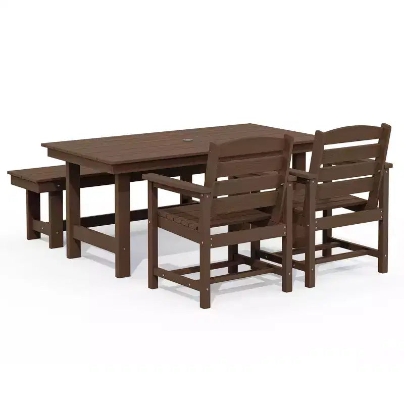 Hyleory Recycled HDPE 4pc Patio Dining Set - Rectangular Table & Umbrella Hole,Patio Dining Bench,2 Patio Armchairs
