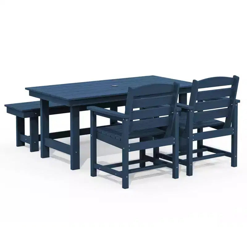 Hyleory Recycled HDPE 4pc Patio Dining Set - Rectangular Table & Umbrella Hole,Patio Dining Bench,2 Patio Armchairs